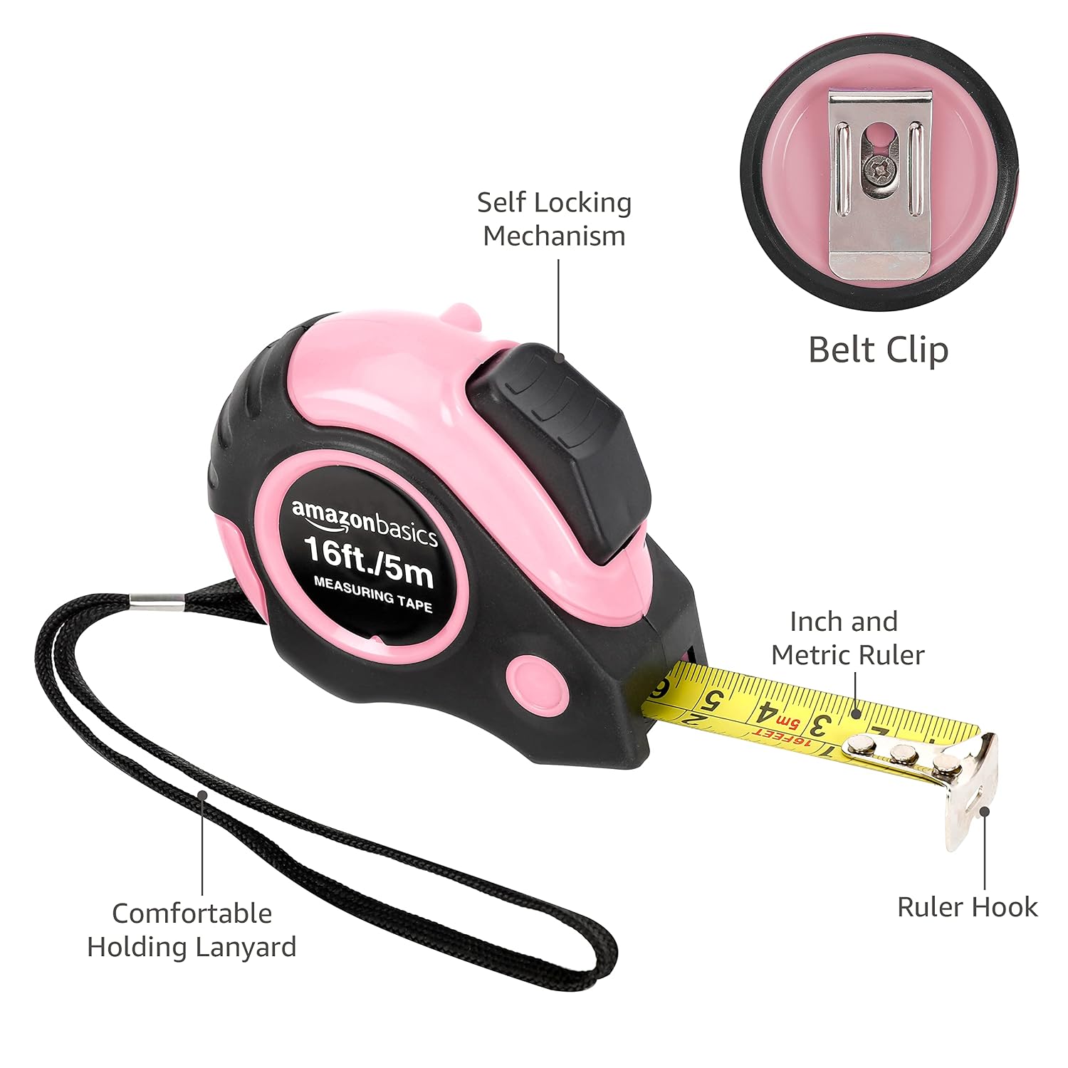 Amazon Basics Retractable Tape Measure with Metric and SAE Measurements, 16ft/5m, Belt Clip, Readable, Pink