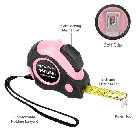 Amazon Basics Retractable Tape Measure with Metric and SAE Measurements, 16ft/5m, Belt Clip, Readable, Pink