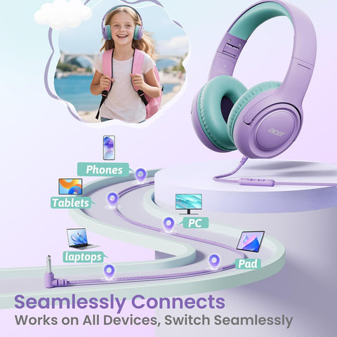 Acer Kids Headphones for School, 85-94dB Limiter, 3.5mm Jack, w/Mic HK03