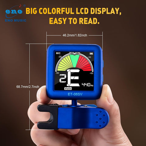 ENO MUSIC Rechargeable Type-C Quick Charge Easy Control Big LCD Display Easy Reading Clip-on Tuner for 4/4 Violin Viola Bass, Blue