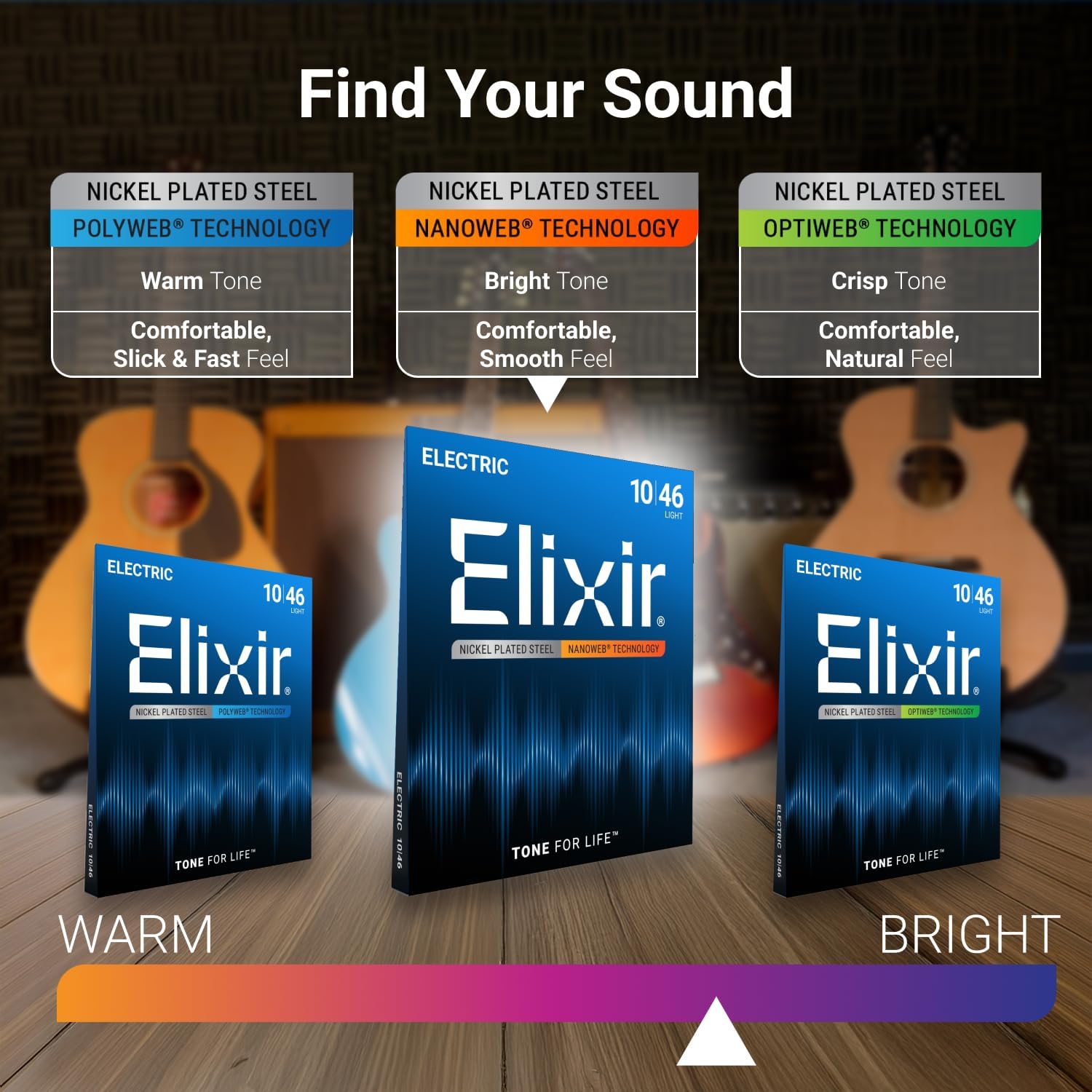 Elixir Strings, Electric Guitar Strings, Nickel Plated Steel with NANOWEB Technology, Longest-Lasting Bright Tone with Comfortable Feel, 6 String Set, Light 10-46