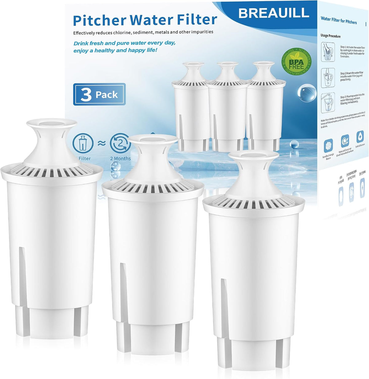 BREAUILL Water Filter Replacement Compatible with Brita Pitchers and Dispensers, Water Filter by BREAUILL NSF Certified Water Pitcher Filter Compatible with Brita, Classic OB03, Mavea 107007(3 PCS)