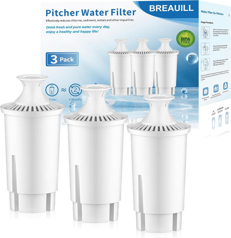 BREAUILL Water Filter Replacement Compatible with Brita Pitchers and Dispensers, Water Filter by BREAUILL NSF Certified Water Pitcher Filter Compatible with Brita, Classic OB03, Mavea 107007(3 PCS)
