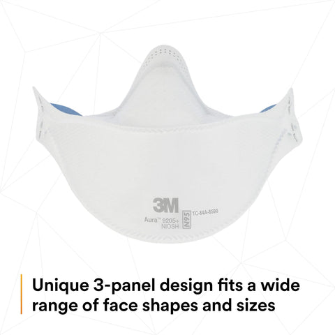 3M Aura Particulate Respirator 9205+, N95, Individually Wrapped, 3 Panel Flat Fold Design Allows for Facial Movements