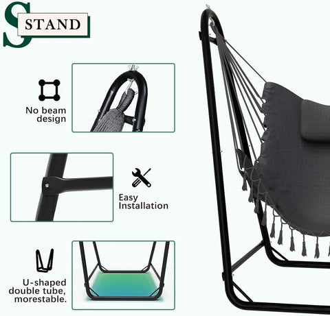 Unique U-Shaped Hammock Chair with Stand,Sturdy & Rust-Resistant,Free Gray Cotton Hammock Chair