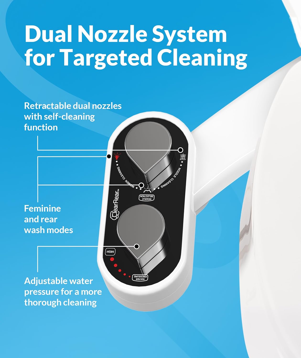 CLEAR REAR Bidet Attachment for Toilet Seat - Non-Electric with Self Cleaning Dual Nozzles, Leak Proof Connectors, Adjustable Water Spray, Rear & Feminine Wash - Hygienic Bathroom Upgrades