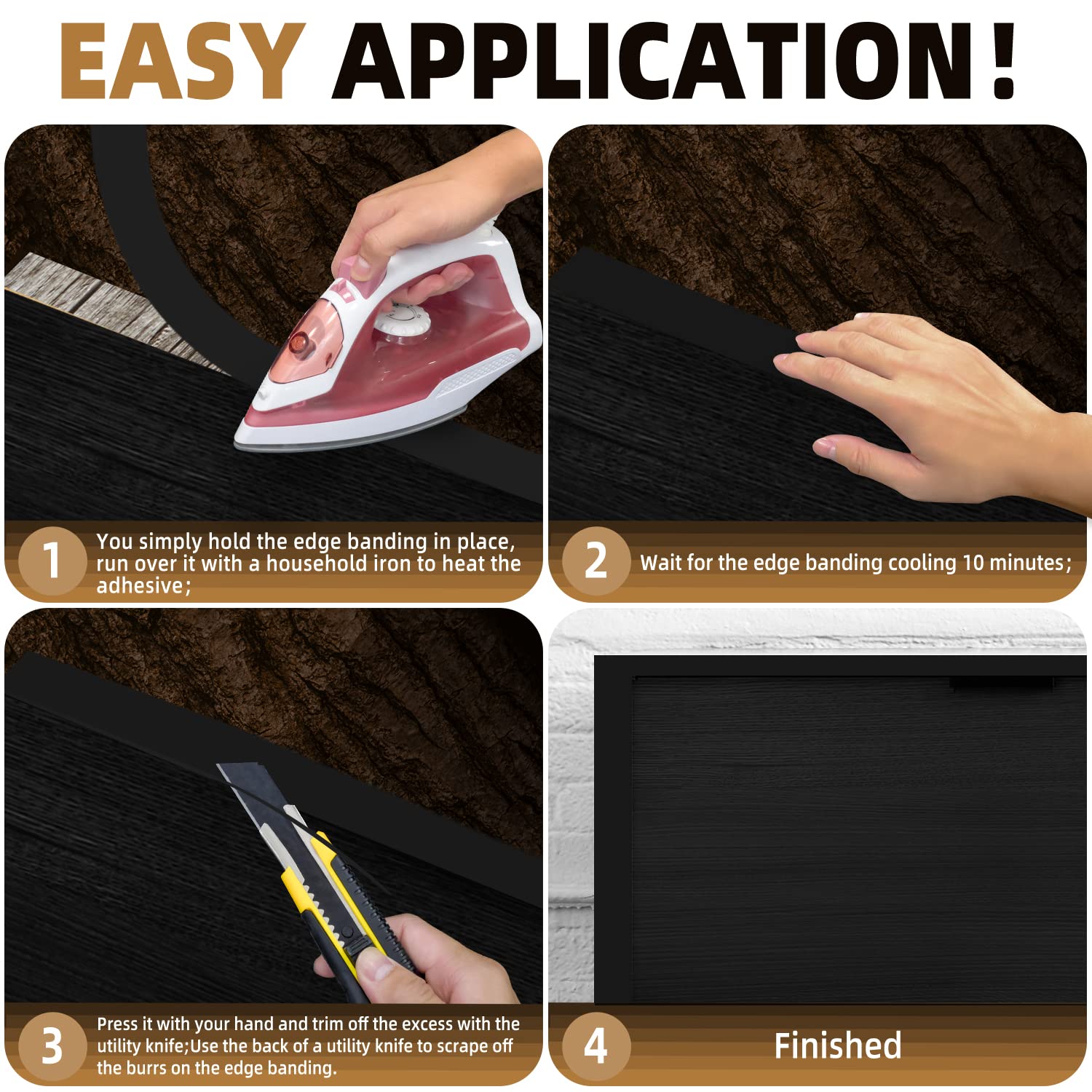 GSCIT Club Black Melamine Edge Banding, 1/2 inch x 50ft Edge Banding with Hot Melt Adhesive Preglued Cabinet Edge Banding Flexible Black Veneer Edging