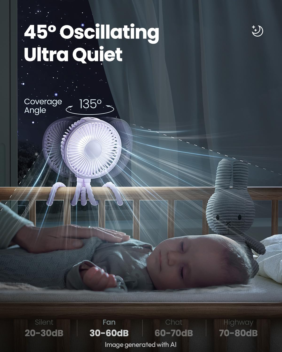 Gaiatop Oscillating Baby Stroller Fan with LED Lights, Rechargeable Purple