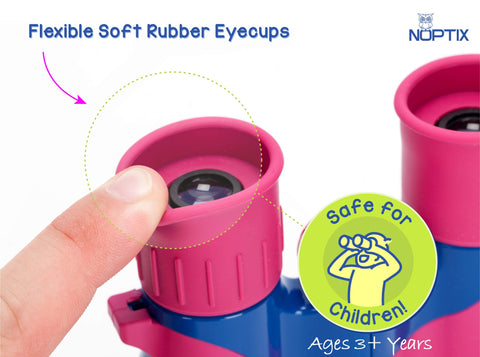 Kids Binoculars girls or boys Real Binoculars in vibrant Pink and Blue - for ages 3 to 14 - includes Sticker Book of 40 Birds with species names