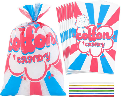 25 Pcs Cotton Candy Bags with Ties, 12" x 18" Clear Printed Bags