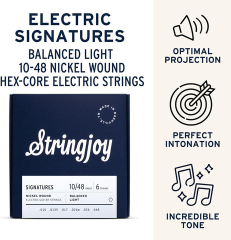Stringjoy Signatures 10-48 Balanced Light Wound 3rd guitar strings – Nickel Wound Electric Guitar Strings - Balanced Tension and Optimal Tone with a Wound 3rd String, Electric 6 String Set, 1-Pack