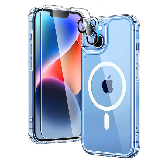 TAURI 5 in 1 Magnetic for iPhone 14 Case, [Designed for Magsafe] with 2X Screen Protectors +2X Camera Lens Protectors, [Not-Yellowing] Shockproof Slim Phone Case for iPhone 14, Clear