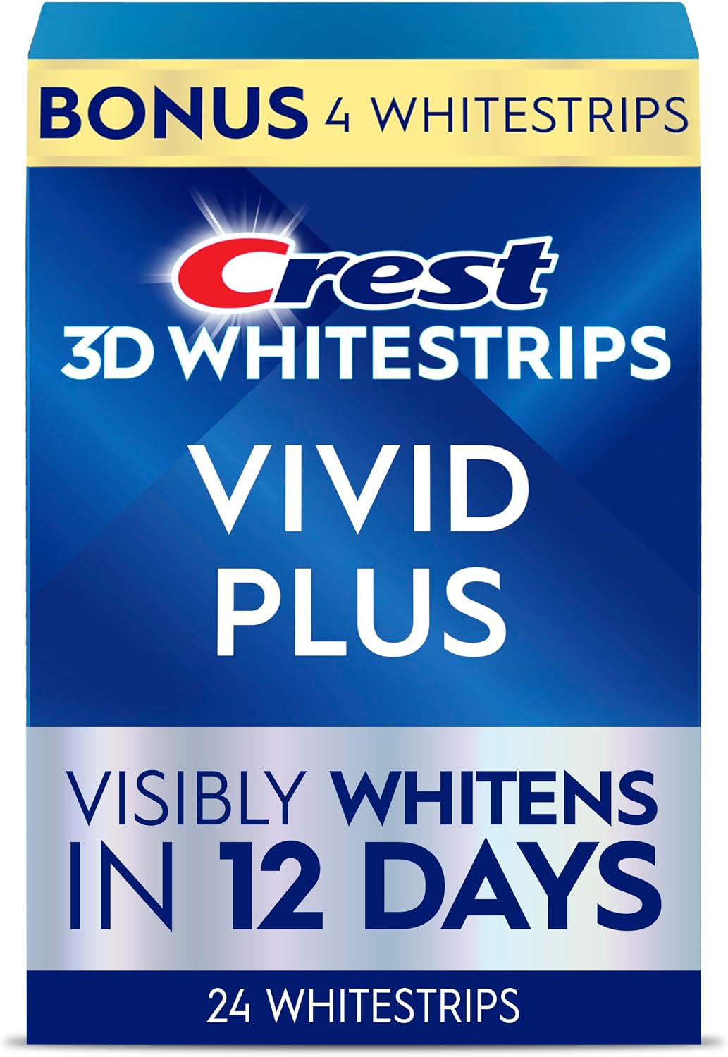 Crest Teeth Whitening Strips, Crest 3D Whitestrips Vivid Plus, Enamel Safe Teeth Whitening Kit, 12 Treatments (24 Strips), Visibly Whitens in Days, 8 Levels Whiter