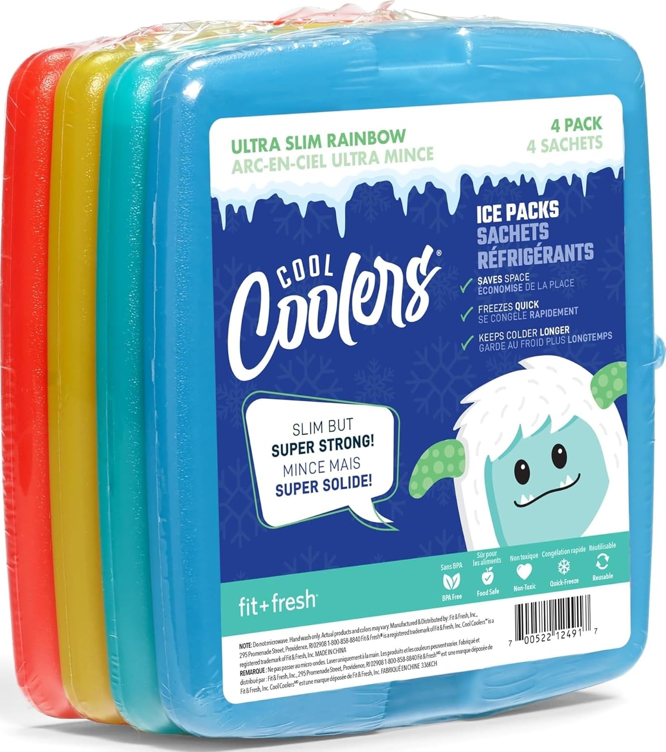Cool Coolers by Fit + Fresh, 4 Pack Slim Ice Packs, Space Saving Reusable Ice Packs for Lunch Boxes or Coolers
