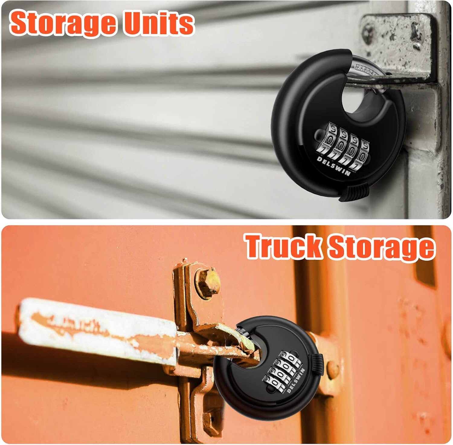 DELSWIN 4 Digit Combination Disc Padlock with Hardened Steel Shackle Combo Lock for Sheds, Storage Unit, School Gym Locker and Fence (Black,1Pcs)