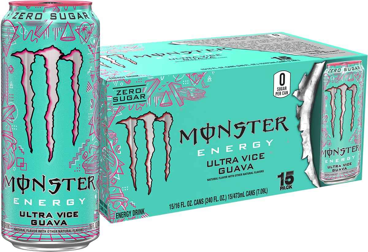 Monster Energy Ultra Vice Guava, Sugar Free Energy Drink, 16 Ounce (Pack of 15) | Pack of 15