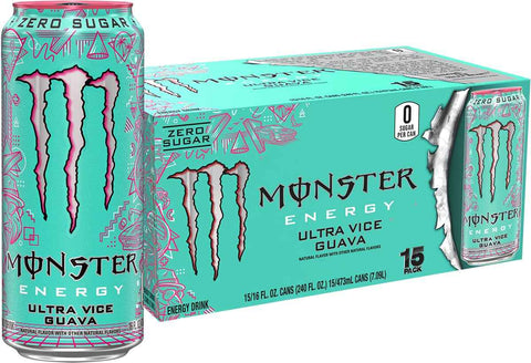 Monster Energy Ultra Vice Guava, Sugar Free Energy Drink, 16 Ounce (Pack of 15) | Pack of 15