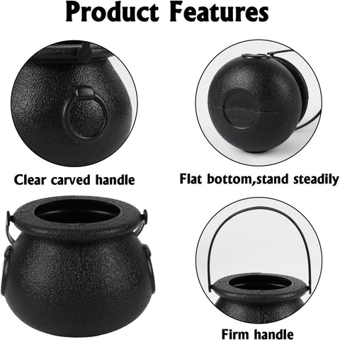 DIYASY Black Candy Cauldron, 8 Mini & 1 Large 7.7" Plastic Kettles Buckets with Handle Witch Cauldron Pot for Kids Halloween St. Patrick's Party Favors