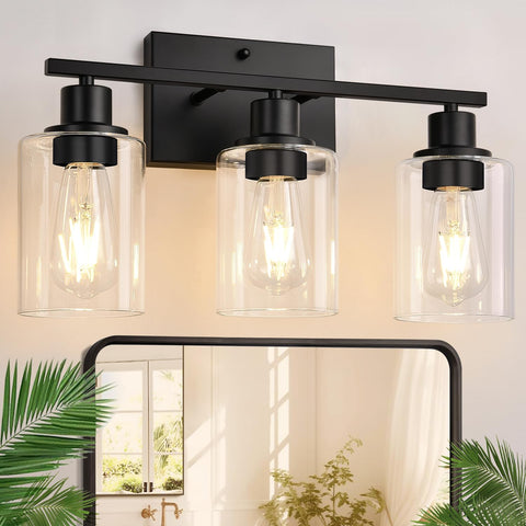 Indoi 3-Light Bathroom Light Fixtures, Matte Black Modern Vanity Lights with Clear Glass Shades, Bathroom Wall Lamp for Mirror Living Room Cabinet Bedroom Porch