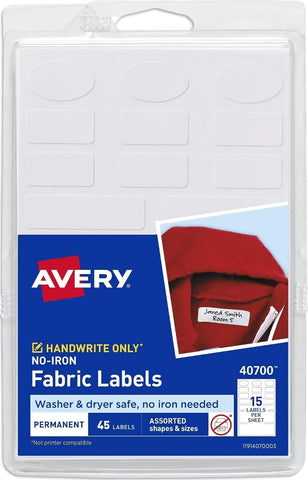 Avery® No-Iron Fabric Labels, Assorted Shapes and Sizes, Washer and Dryer-Safe Waterproof Labels, Non-Printable, 45 Total (40700)
