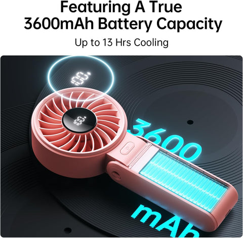 JISULIFE Handheld Fan Life7 – Ultimate Flexibility: Wide & Strong Airflow, 13H Max Cooling, 3600mAh Rechargeable, 5-Speed, LED Display, 3 IN 1 Portable Fan for Travel, Concerts, Sports Events(Pink)