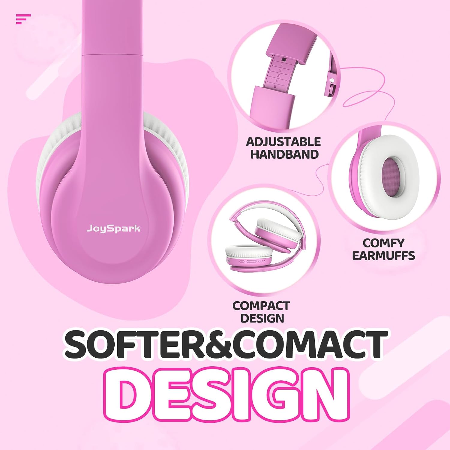JoySpark Kids Bluetooth Headphones, Lightweight Wireless Headphones for Kids, 85/94dB Volume Limited, 60 Hours Playtime, Bluetooth 5.3, Over-Ear Toddler Headsets with Built-in Mic-Pink