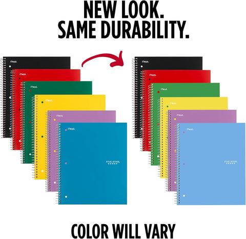 Five Star Spiral Notebook + Study App, 6 Pack, 1 Subject, Wide Ruled 8" x 10.5" Paper, 100 Sheets, Fights Ink Bleed, Water Resistant Cover, Assorted Colors (38042)