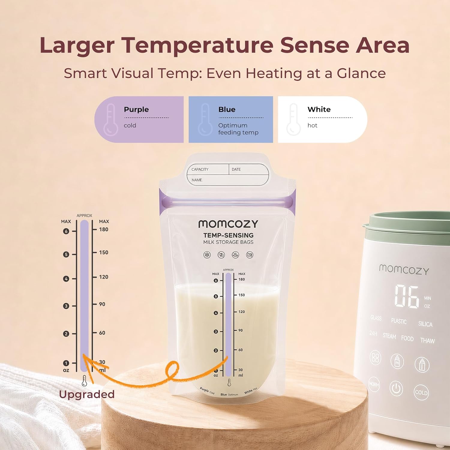 Momcozy Breastmilk Storage Bags, Larger Temp-Sense Area&Double Zip, 120ct