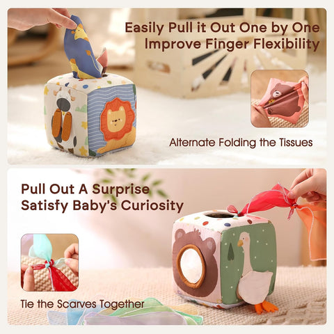 Youuys Baby Tissue Box Toy for Babies 6-12 Months, Montessori Sensory Toys for 1 Year Old Boy, Infant Toy with Crinkle Tissues & Fine Motor, for 6 9 12 18 Months Old Kids 1st Birthday