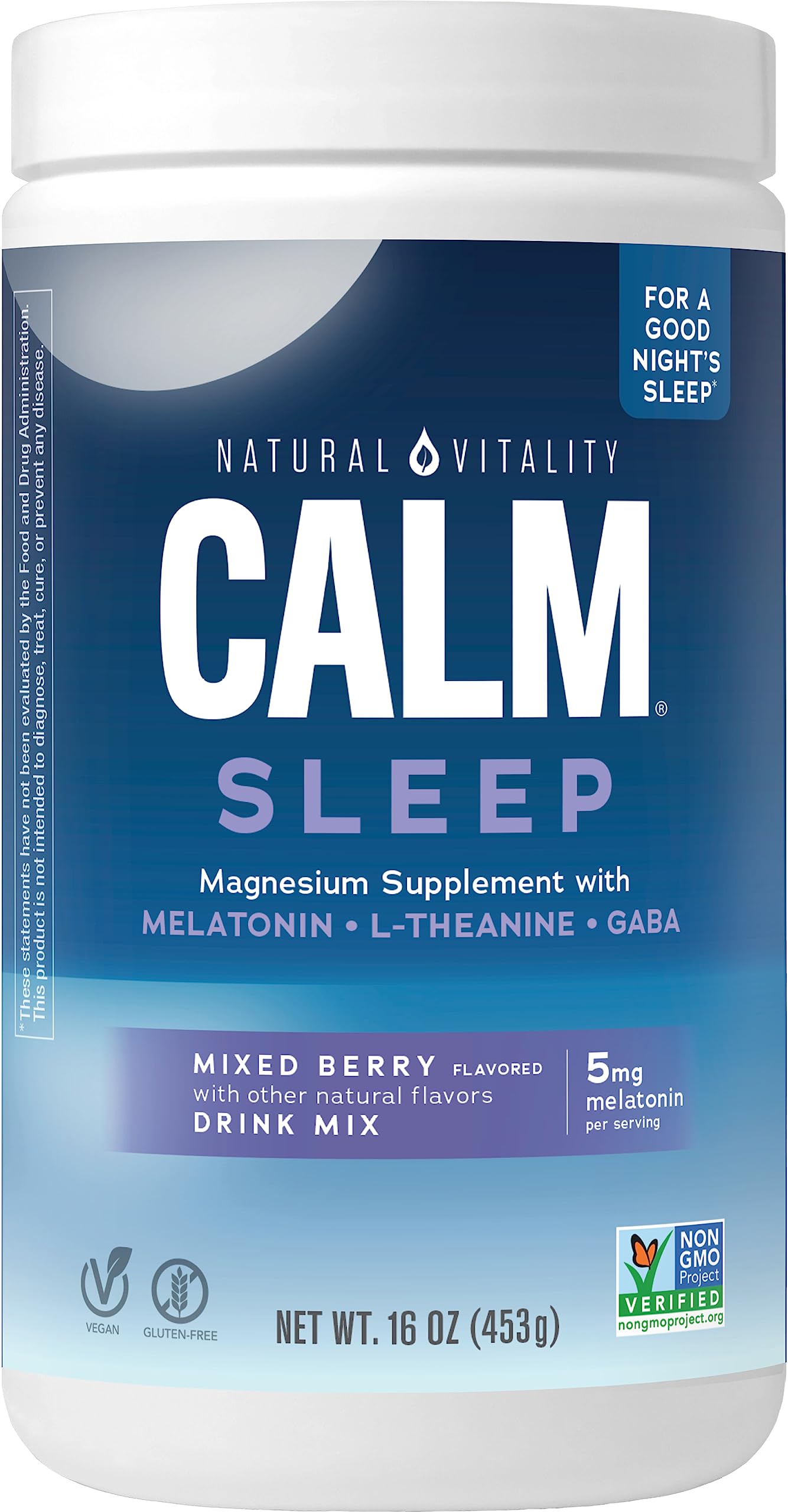 Natural Vitality Calm Sleep, Melatonin & Magnesium Citrate, Sleep Aid Drink Mix, GABA, Aid, Vegan, Gluten Free Non-GMO, Mixed Berry, 16 Oz