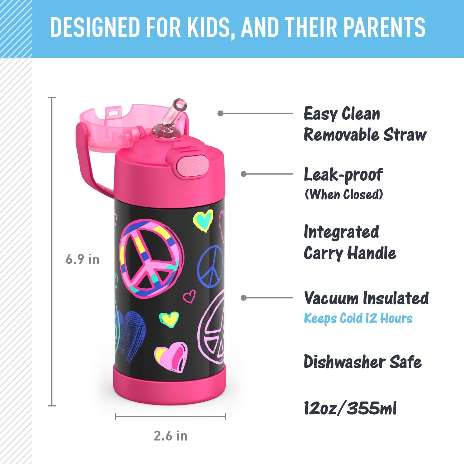 THERMOS FUNTAINER Water Bottle with Straw, 12oz, Peace