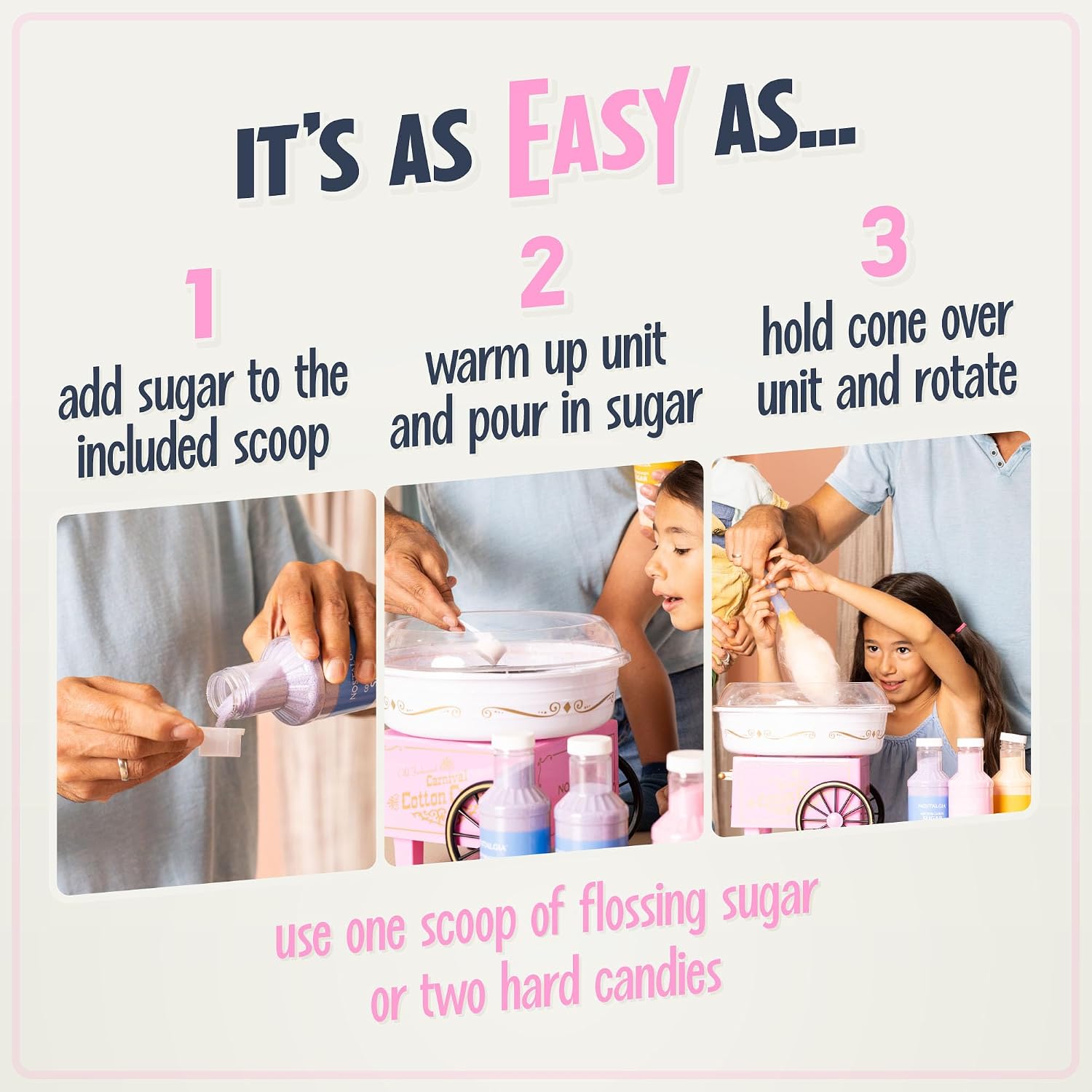 Nostalgia Vintage Cotton Candy Machine - Countertop Cotton Candy Maker With 2 Reusable Cones & 1 Sugar Scoop - Use Hard Candy or Sugar to Create Fluffy, Delicious Treats in Minutes-Pink