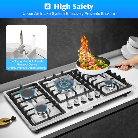 5 Burners Gas Cooktop, 34 inch Built-in Gas Stove Top Stainless Steel LPG/NG Countertop Hob Cooker for Home Hotel Restaurant
