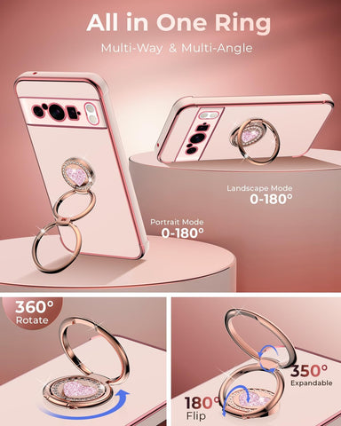 XYZ for Pixel 8 Pro Case with Stand, for Google Pixel 8 Pro Case with Double Ring, Women Girls Bling Luxury Protective Phone Case Heart for Google Pixel 8 Pro, Pink