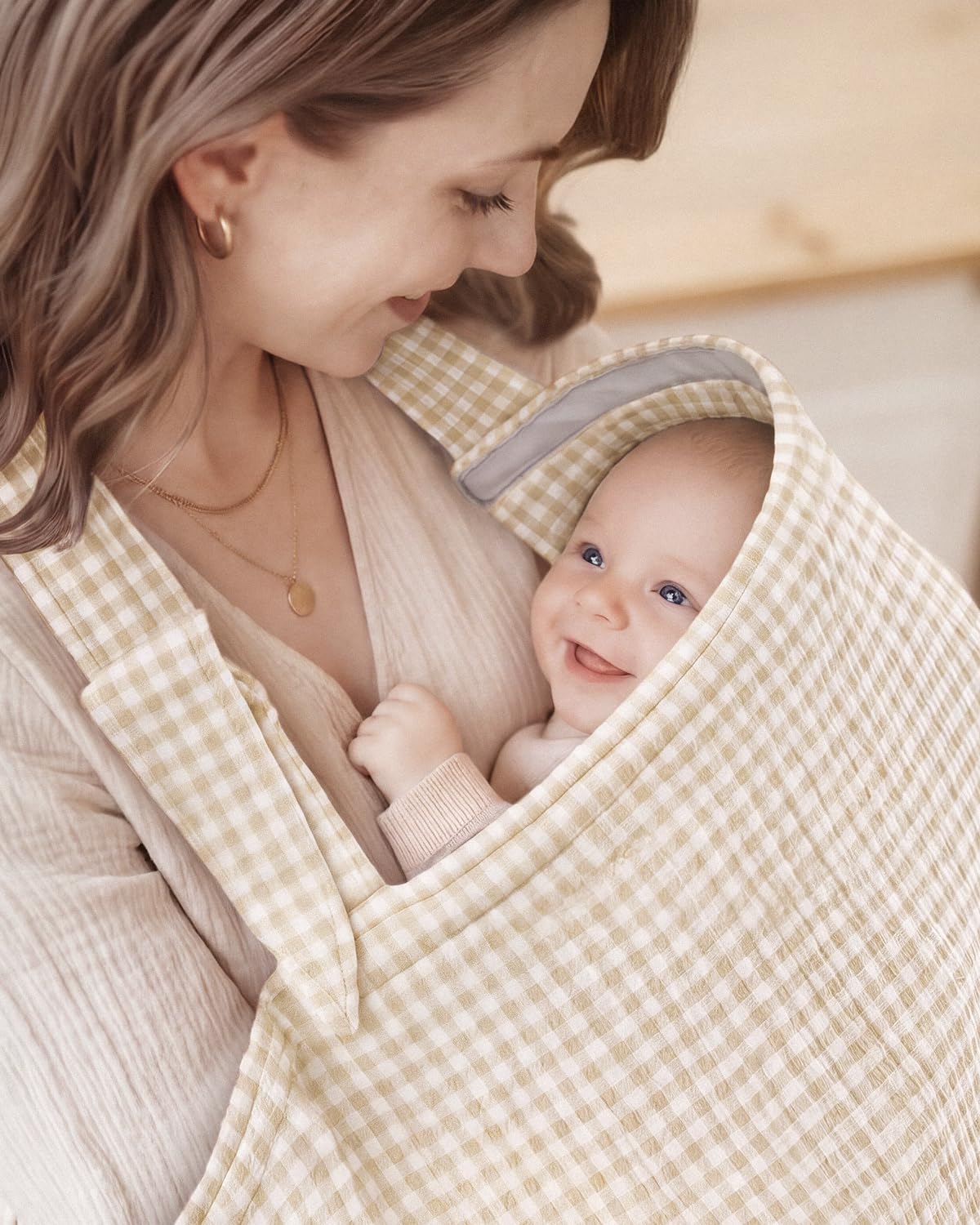 Blissful Diary Muslin Nursing Cover for Breastfeeding, Breathable Breastfeeding Cover up with Arch Neckline for Women, Nursing Apron (Beige Gingham)