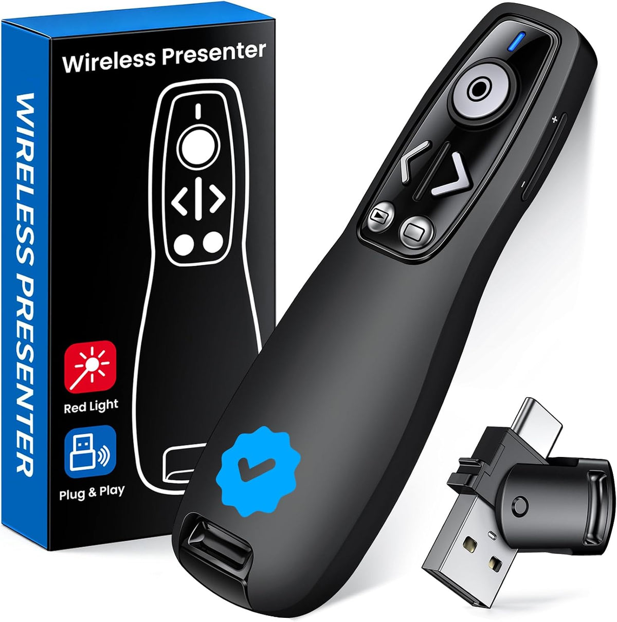 Wireless Presenter Clicker with Bluetooth & USB+Type-C Receiver, Red Laser Pointer, Powerpoint Clicker with Volume Control for PowerPoint/Keynote/Google Slides, Compatible with Laptop/Mac/PC/Android
