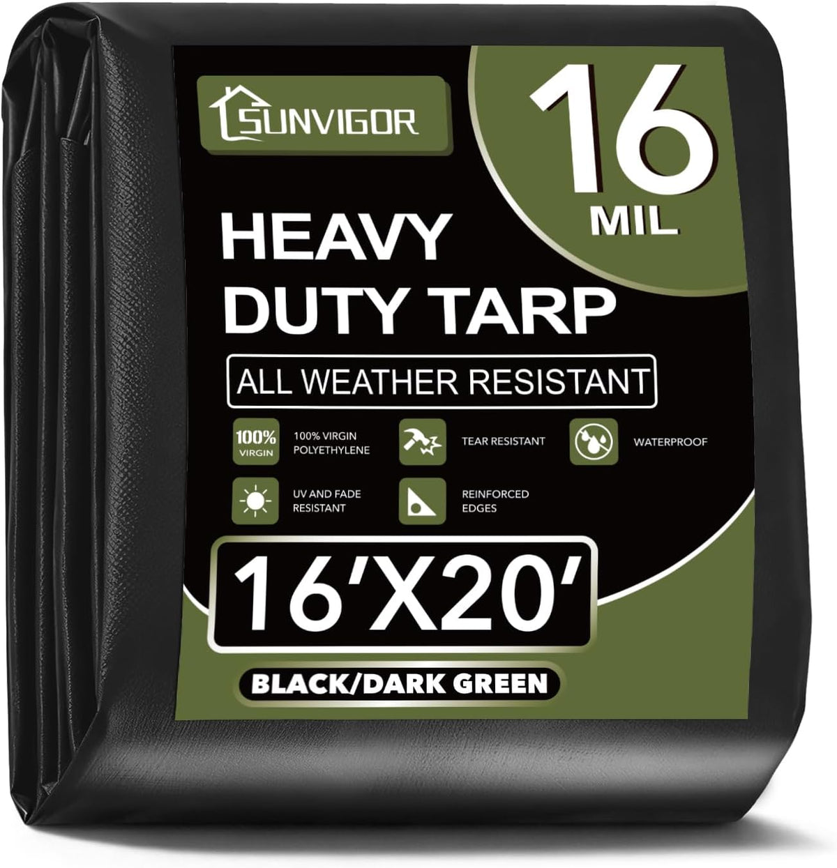 Sunvigor Tarp Waterproof 16x20Ft, Extra Thick 16 Mil Heavy Duty Tarp Cover, Tear & Fade Resistant, Outdoor Tarps with Brass Grommets and Reinforced Edges for Roof, Camping, Patio, Boat (Black/Green)
