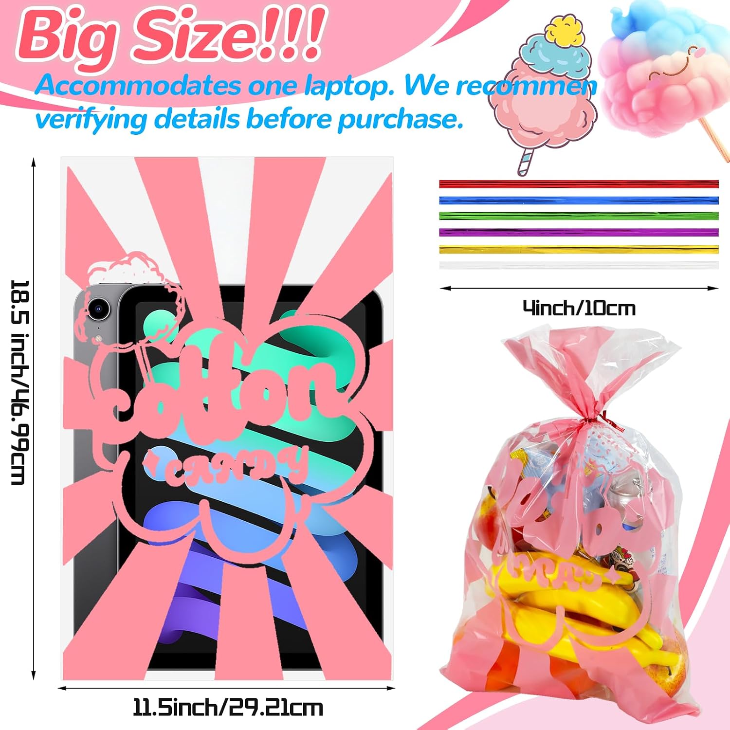 50 Pcs Cotton Candy Bags with Ties, 11.5 x 18.5 Inches