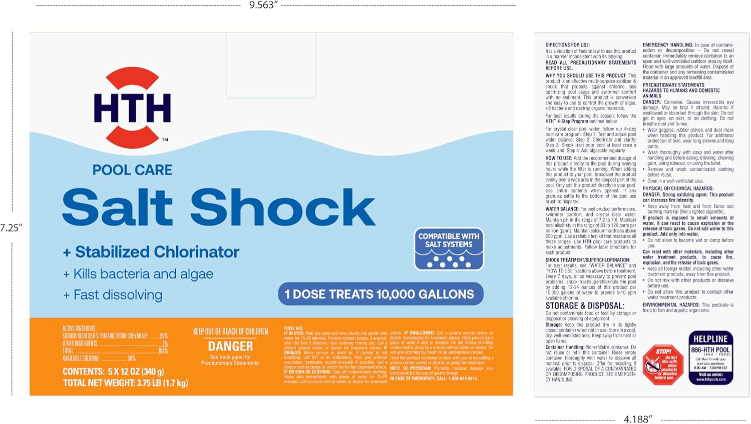 HTH 52047, Swimming Pool Care Salt Shock, 5x12oz Packets