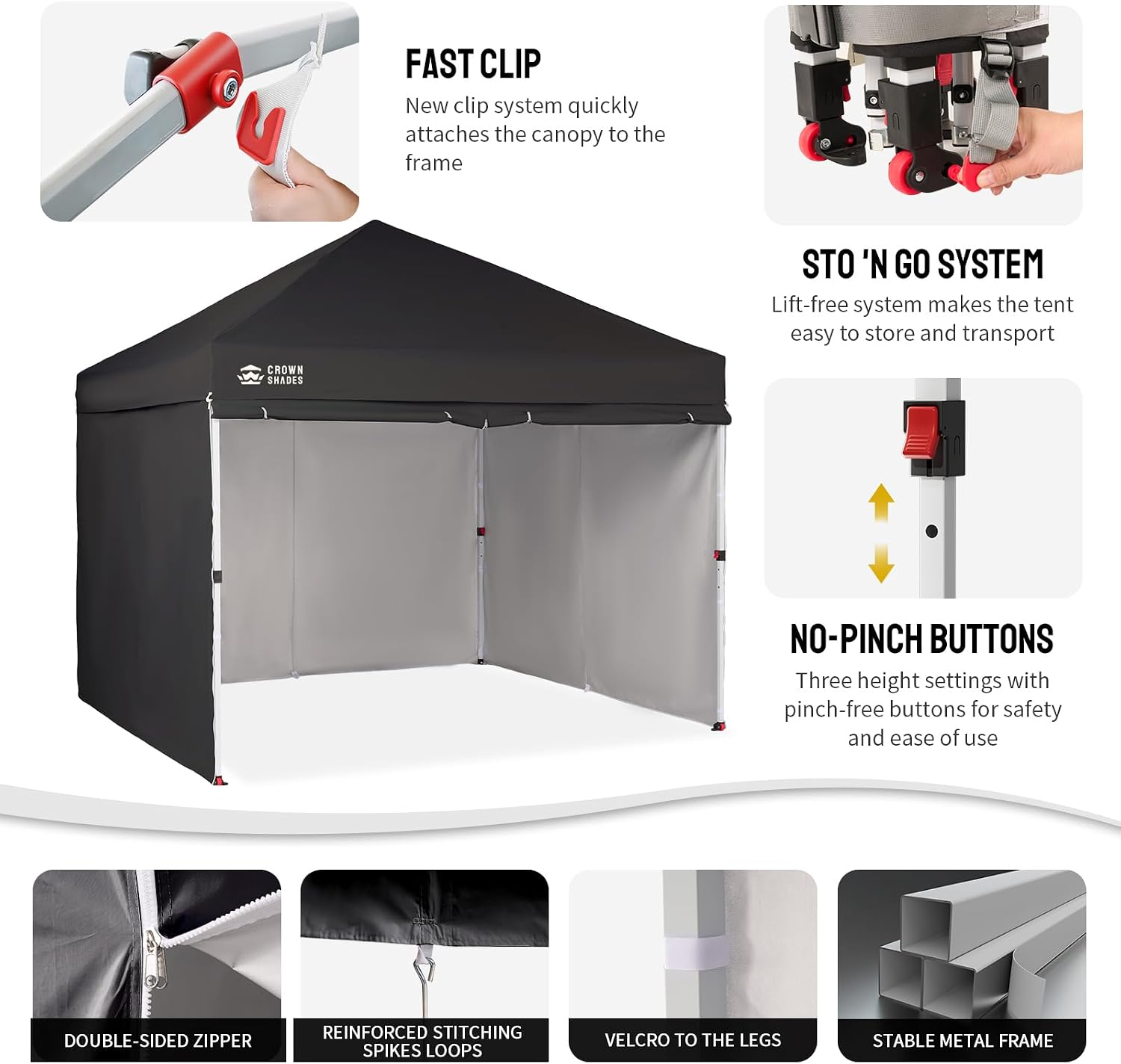 CROWN SHADES 10X10 Commercial Pop Up Canopy Tent with Sidewalls, Black