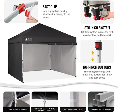 CROWN SHADES 10X10 Commercial Pop Up Canopy Tent with Sidewalls, Black