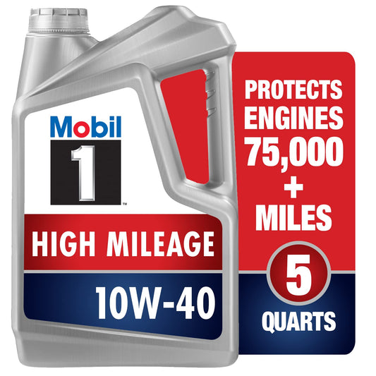 Mobil 1 High Mileage Full Synthetic Motor Oil 10W-40, 5 Quart, Gray