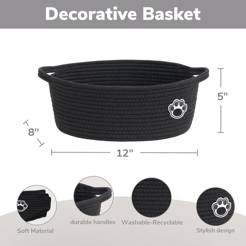 Woven Rope Dog Toy Basket with Paw Print, Black