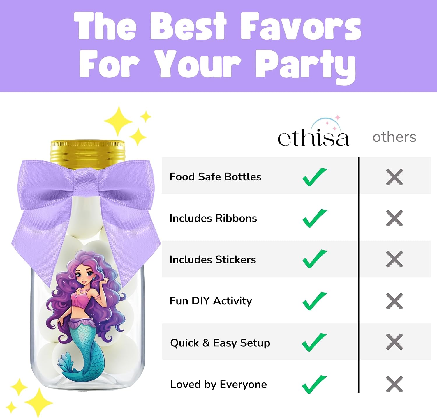 Ethisa Small 12 Pack Mermaid Party Favors - DIY Candy Jars with Ribbons and Stickers - Party Decoration Bottles for Birthday, School Classroom, and Baby Shower - Mermaid Table Centerpiece for Girls