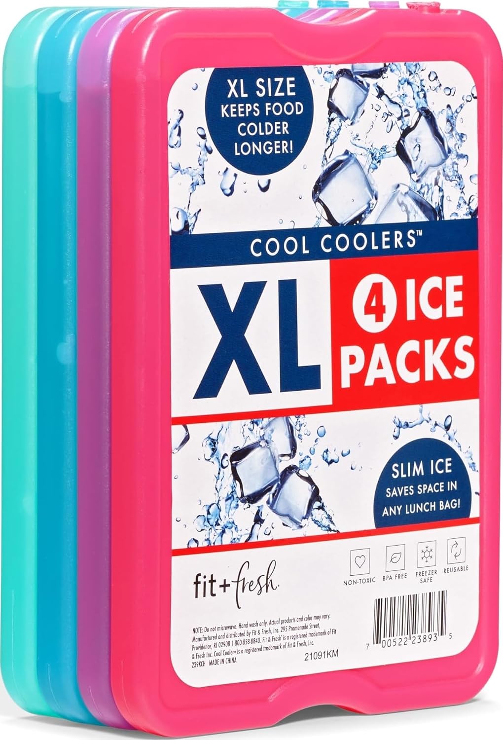 Cool Coolers by Fit & Fresh 4 Pack XL Slim Ice Packs, Quick Freeze Space Saving Reusable Ice Packs for Lunch Boxes or Coolers