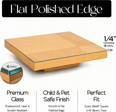 14 inch Square 1/4" Thick Flat Polished Edge Clear Glass Table Top with 6 Bumpers - Tempered, Scratch Resistant & Safety Replacement Glass for Dining, Coffee, Patio & End Tables
