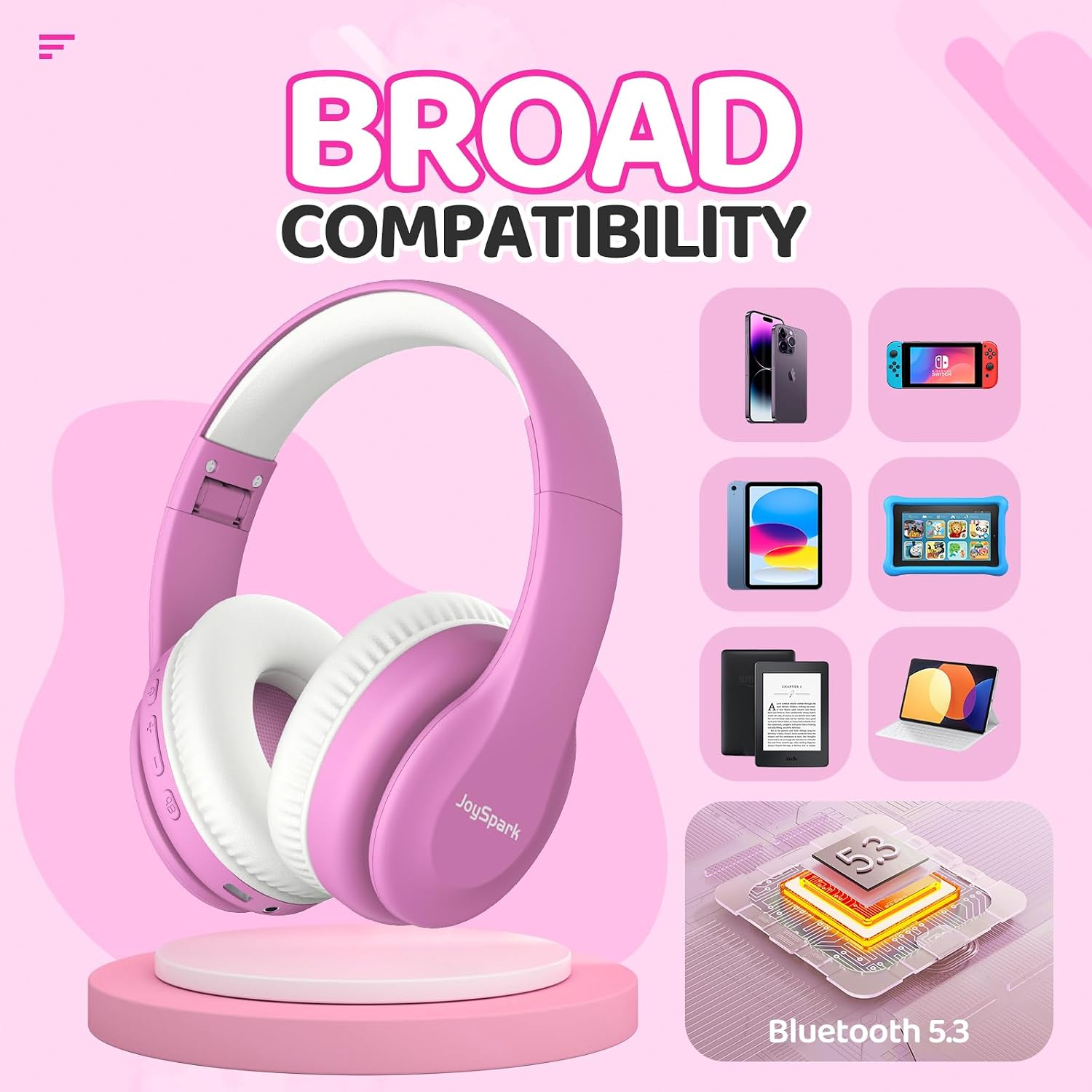 JoySpark Kids Bluetooth Headphones, Lightweight Wireless Headphones for Kids, 85/94dB Volume Limited, 60 Hours Playtime, Bluetooth 5.3, Over-Ear Toddler Headsets with Built-in Mic-Pink