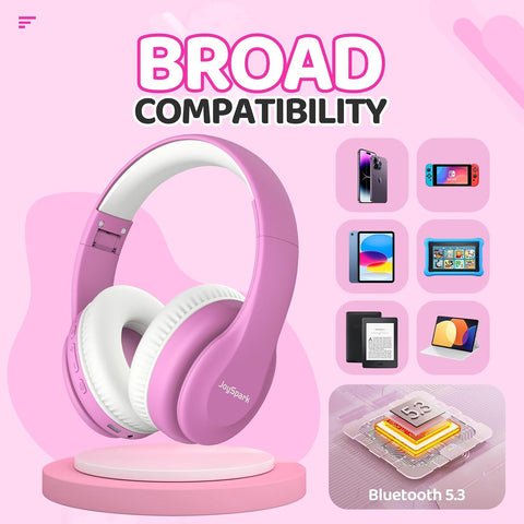 JoySpark Kids Bluetooth Headphones, Lightweight Wireless Headphones for Kids, 85/94dB Volume Limited, 60 Hours Playtime, Bluetooth 5.3, Over-Ear Toddler Headsets with Built-in Mic-Pink