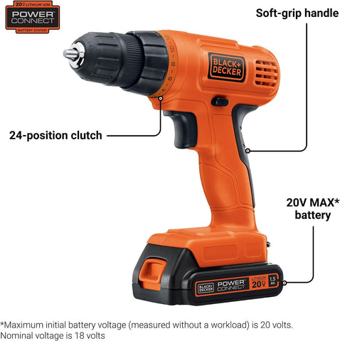 BLACK+DECKER 20V MAX POWERCONNECT Power Drill Cordless Drill Driver Electric Screwdriver with 30 Piece Bit Set, Battery and Charger Included (LD120VA)