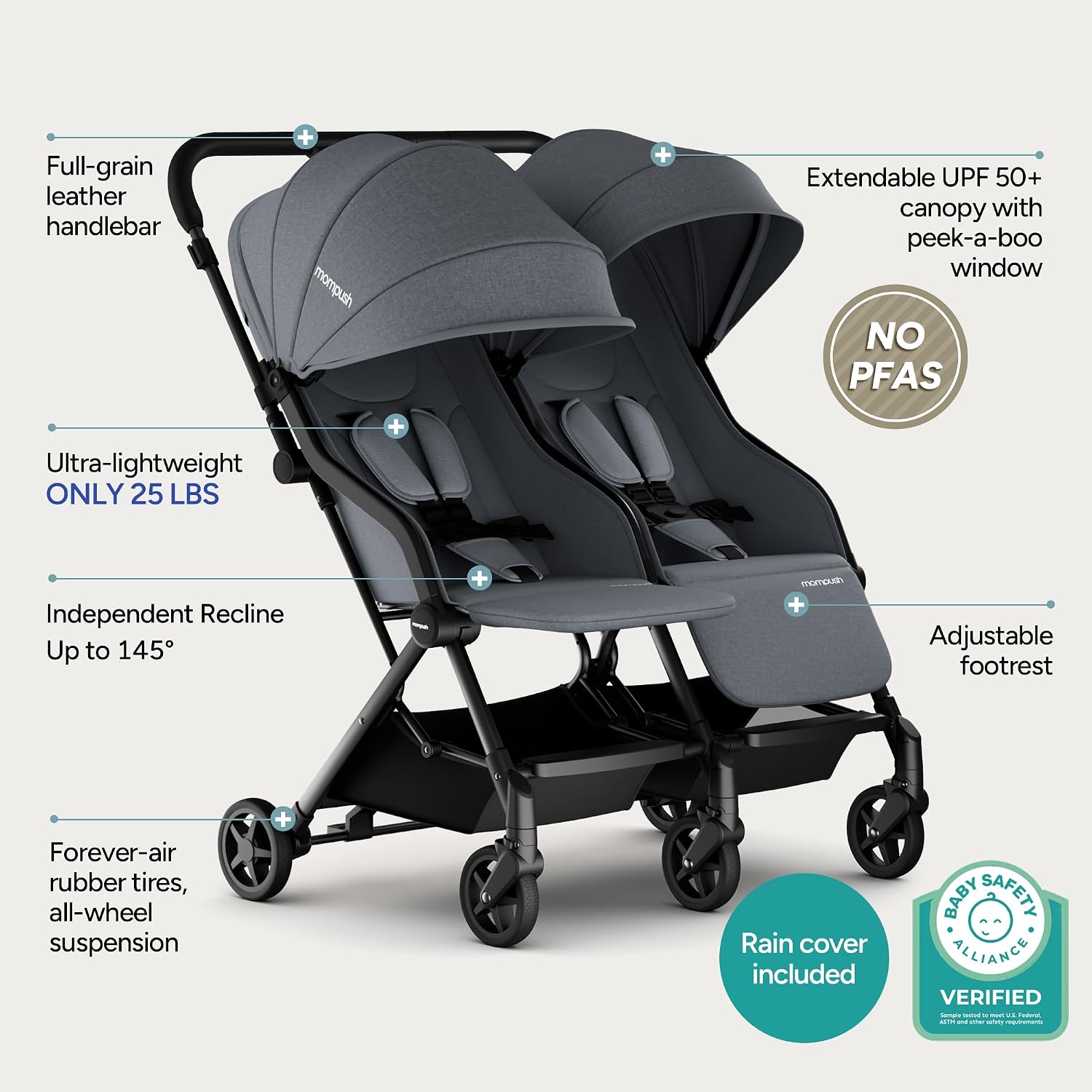 Mompush Lithe Double Stroller, Lightweight Side by Side, Infant & Toddler